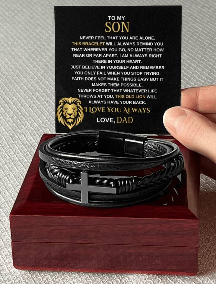 TO MY SON | CROSS LEATHER BRACELET | THIS OLD LION