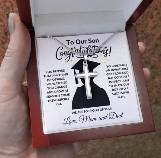 To Our Son - Congratulations | Stainless Steel Cross Necklace | Graduation Gift